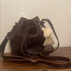 Brown Leather Bucket Bag with Tassels